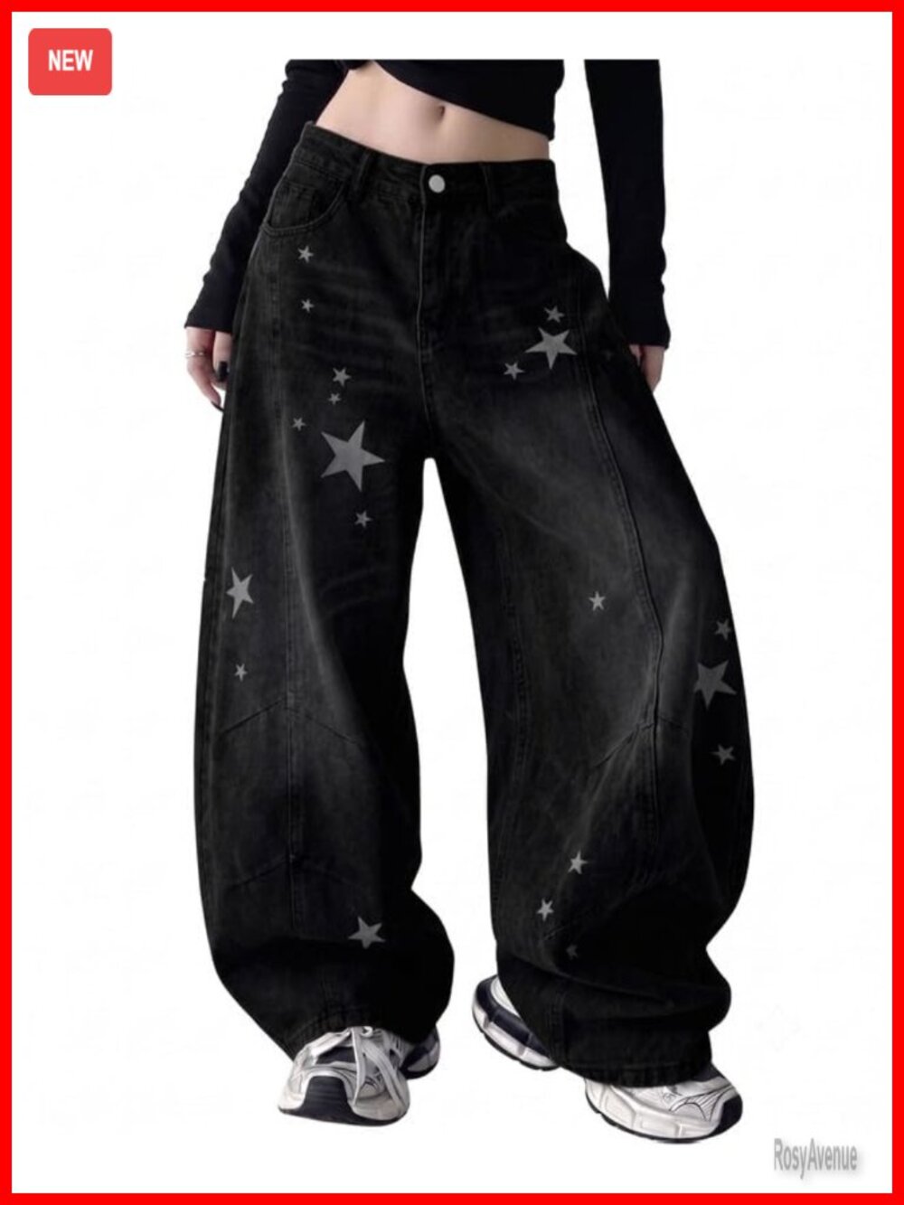 Baggy Barrel Jeans Low Rise Star Print Denim Pants
